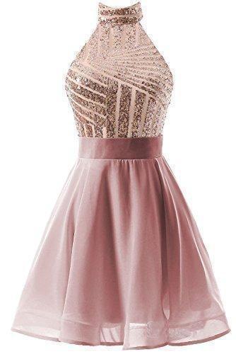 Vestido Curto Rosa de Chiffon com Alças em A, para Festa de Regresso a Casa/Cocktail, com Lantejoulas PD064
