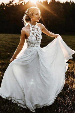 A-Line Halter Sleeveless Chiffon Long Beach Wedding Dress with Lace WD304 by pgmdress