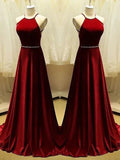 A-Line Halter Sleeveless With Beading Satin Prom Dresses by misshow.com