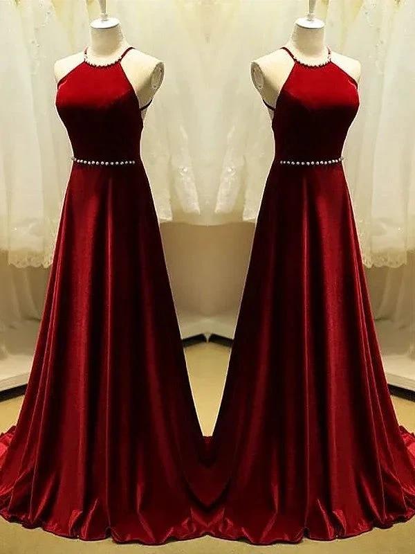 A-Line Halter Sleeveless With Beading Satin Prom Dresses by misshow.com