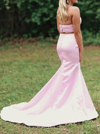 A-Line Halter Sleeveless With Ruffles Satin Two Piece Prom Dresses by misshow.com