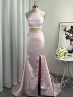 A-Line Halter Sleeveless With Ruffles Satin Two Piece Prom Dresses by misshow.com