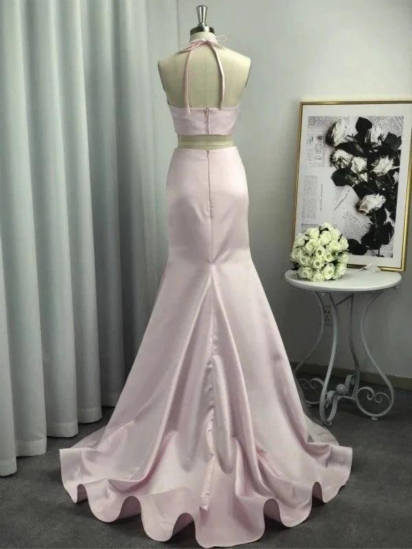 A-Line Halter Sleeveless With Ruffles Satin Two Piece Prom Dresses by misshow.com