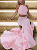 A-Line Halter Sleeveless With Ruffles Satin Two Piece Prom Dresses by misshow.com