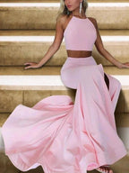 A-Line Halter Sleeveless With Ruffles Satin Two Piece Prom Dresses by misshow.com
