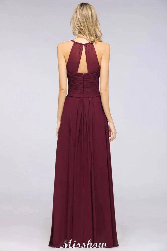 A-Line Halter V-Neck Sleeveless Bridesmaid Dress Ruffles Evening Swing Dress by misshow.com