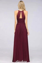 A-Line Halter V-Neck Sleeveless Bridesmaid Dress Ruffles Evening Swing Dress by misshow.com