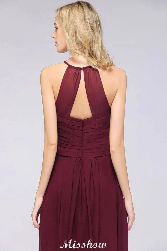 A-Line Halter V-Neck Sleeveless Bridesmaid Dress Ruffles Evening Swing Dress by misshow.com