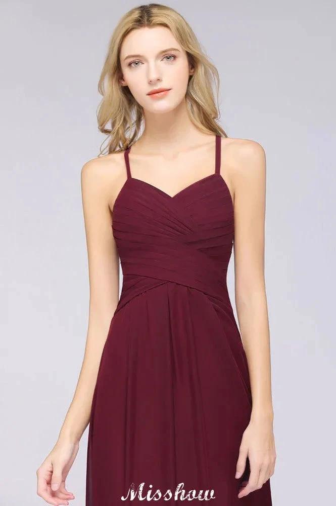 A-Line Halter V-Neck Sleeveless Bridesmaid Dress Ruffles Evening Swing Dress by misshow.com