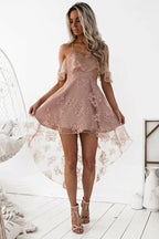 A-Line High Low Blush Sleeveless Lace Homecoming Dress PG192 by pgmdress