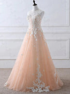 A-line High Neck Lace Appliques Tulle Long Prom Formal Evening Dresses by BIZTUNNEL
