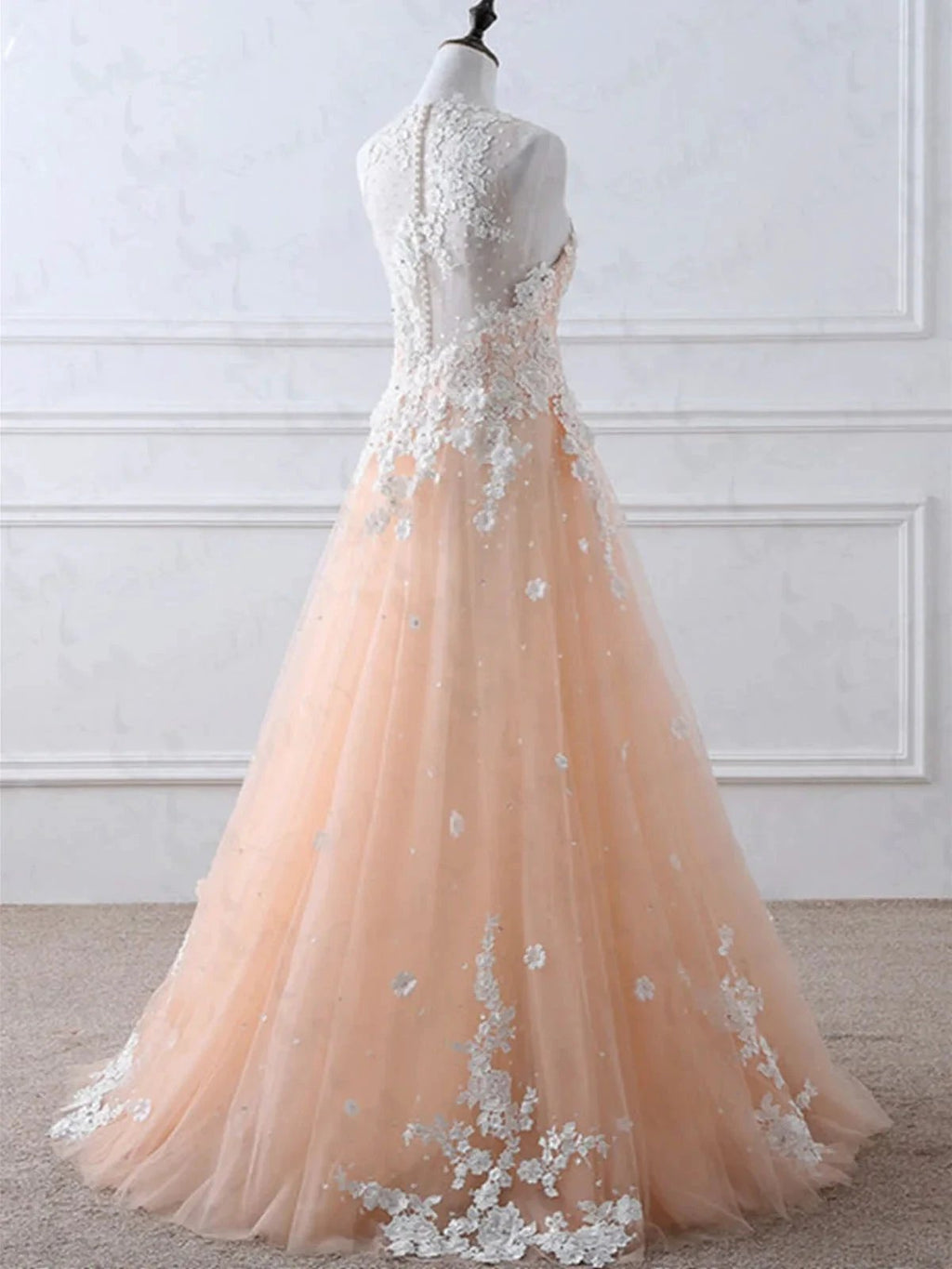 A-line High Neck Lace Appliques Tulle Long Prom Formal Evening Dresses by BIZTUNNEL