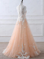 A-line High Neck Lace Appliques Tulle Long Prom Formal Evening Dresses by BIZTUNNEL