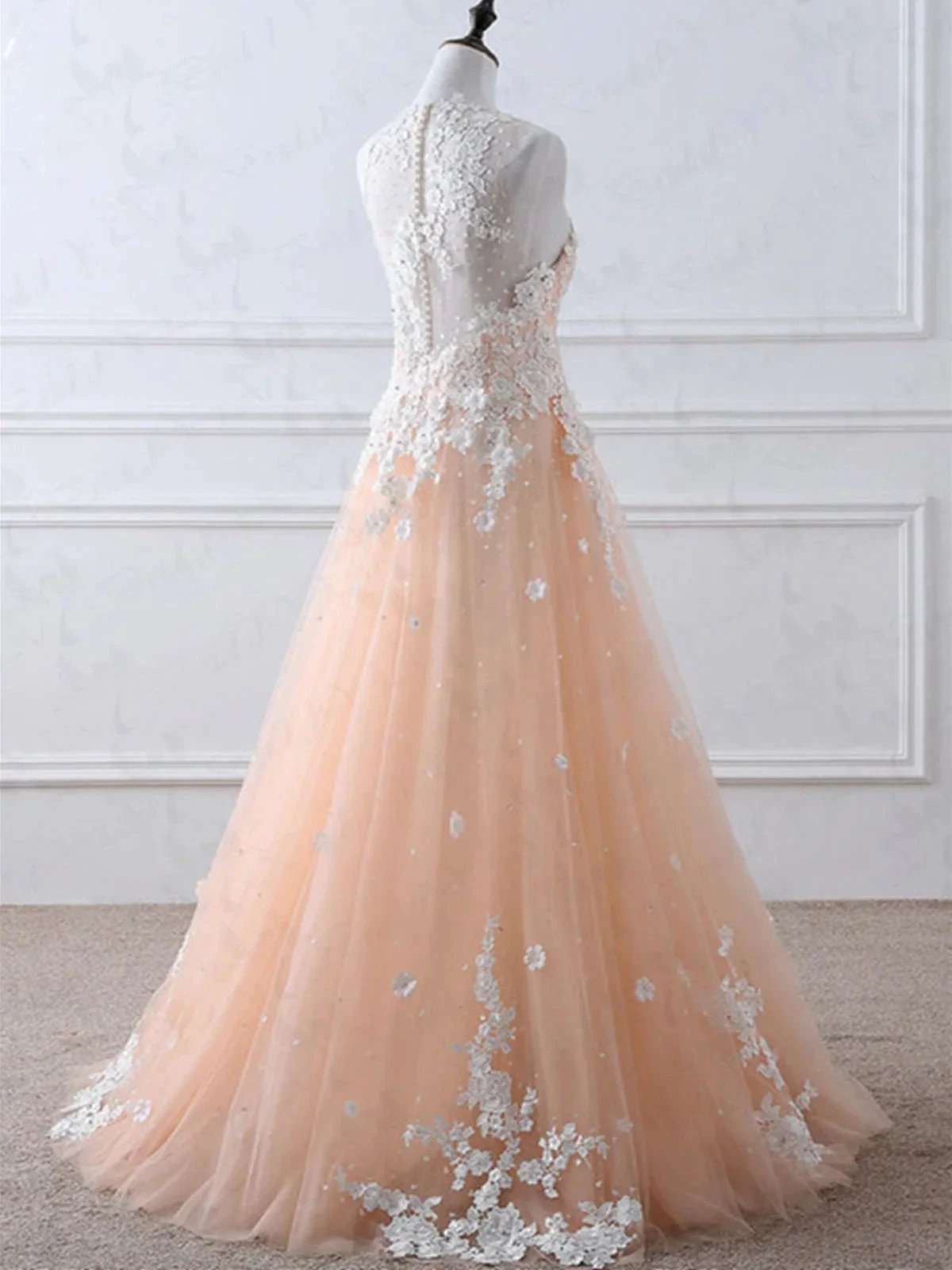 A-line High Neck Lace Appliques Tulle Long Prom Formal Evening Dresses by BIZTUNNEL