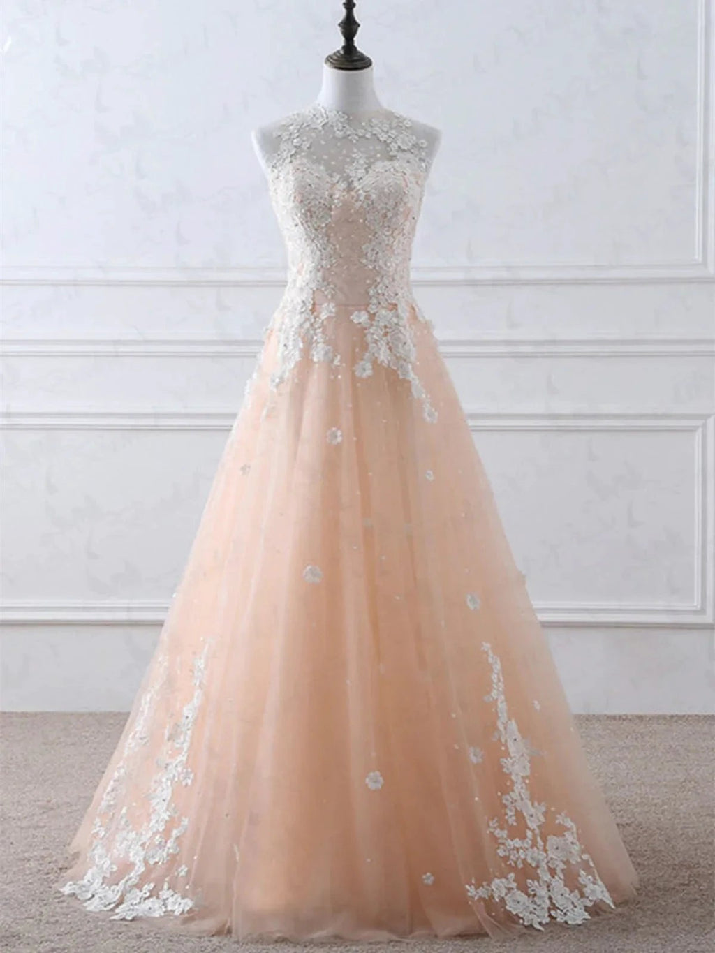 A-line High Neck Lace Appliques Tulle Long Prom Formal Evening Dresses by BIZTUNNEL