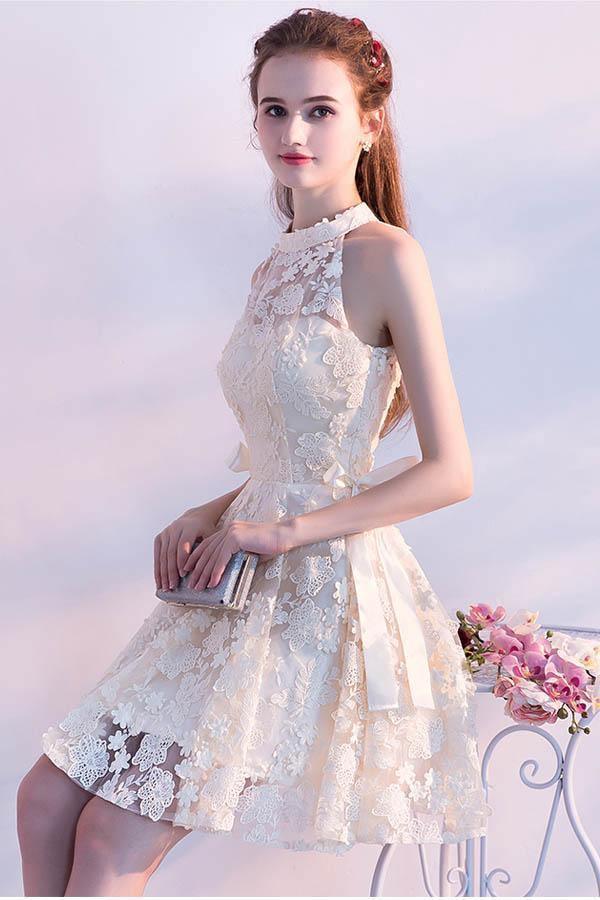 A-line High Neck Lace Sleeveless Party Dresses Homecoming Dresses PD118 Main Image