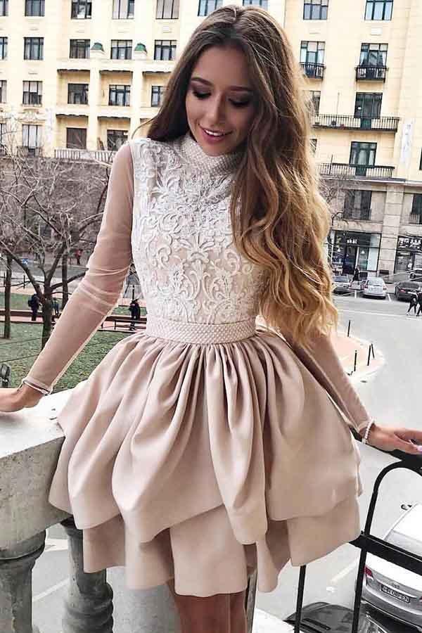 A-Line High Neck Long sleeves Homecoming Dress with Appliques Sleeves PD117 Hover Image