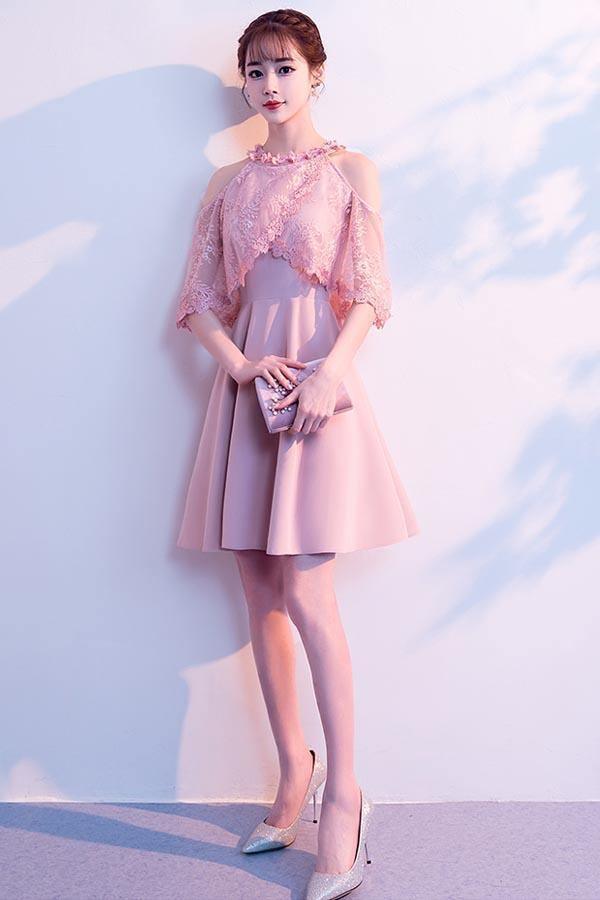 فساتين سهرة وردية ساتان برقبة عالية وقصة على شكل حرف A للعودة إلى المنزل PD089