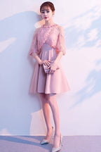 فساتين سهرة وردية ساتان برقبة عالية وقصة على شكل حرف A للعودة إلى المنزل PD089