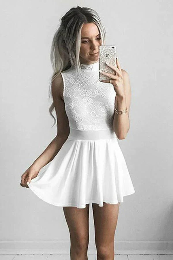 Vestido de Regresso a Casa Branco em Chiffon com Gola Alta e Renda em Linha A PD011