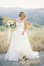 A-line Illusion Tulle Vintage Outdoor Ivory Wedding Dress WD118 by pgmdress