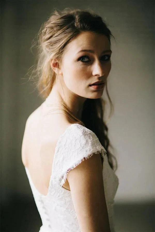 A-Line Ivory Lace Cap Sleeve Vintage Chiffon Wedding Dresses WD069 by pgmdress