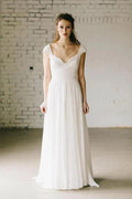 A-Line Ivory Lace Cap Sleeve Vintage Chiffon Wedding Dresses WD069 by pgmdress