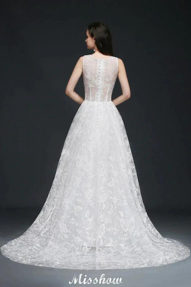 A-line Jewel Court Train Lace Simple Wedding Dresses with Buttons by misshow.com