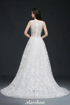 A-line Jewel Court Train Lace Simple Wedding Dresses with Buttons by misshow.com