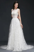 A-line Jewel Court Train Lace Simple Wedding Dresses with Buttons by misshow.com