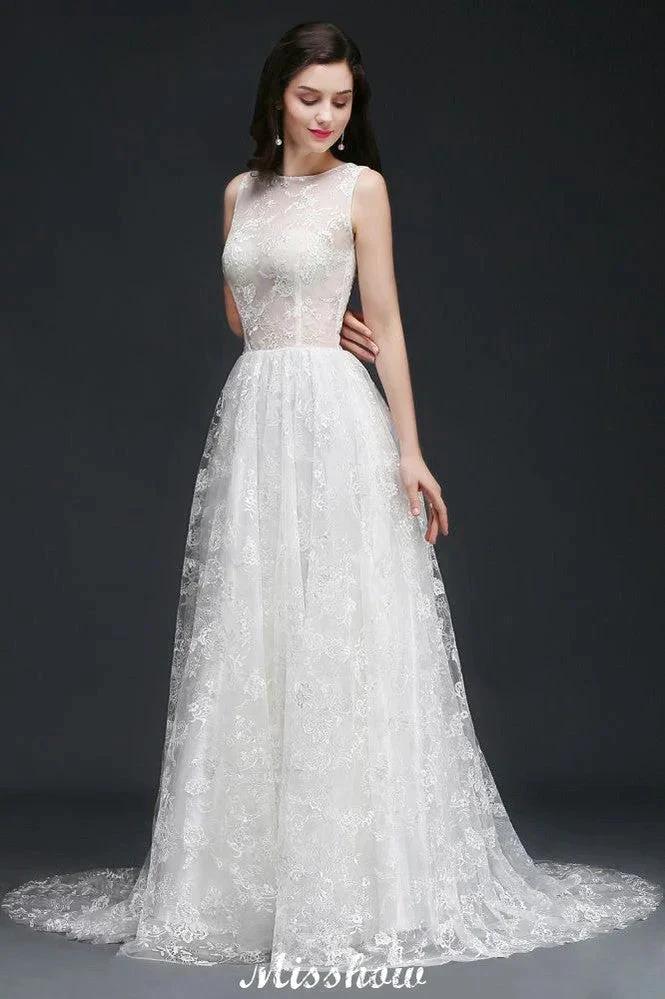 A-line Jewel Court Train Lace Simple Wedding Dresses with Buttons by misshow.com