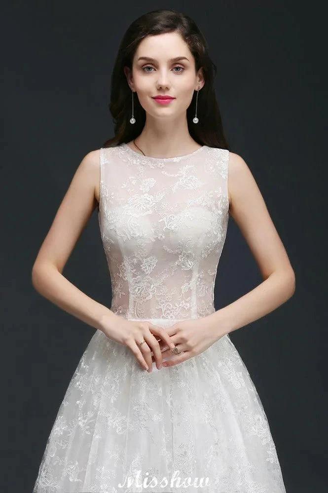A-line Jewel Court Train Lace Simple Wedding Dresses with Buttons by misshow.com