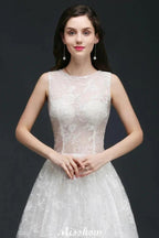 A-line Jewel Court Train Lace Simple Wedding Dresses with Buttons by misshow.com