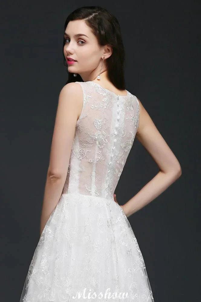 A-line Jewel Court Train Lace Simple Wedding Dresses with Buttons by misshow.com