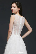 A-line Jewel Court Train Lace Simple Wedding Dresses with Buttons by misshow.com