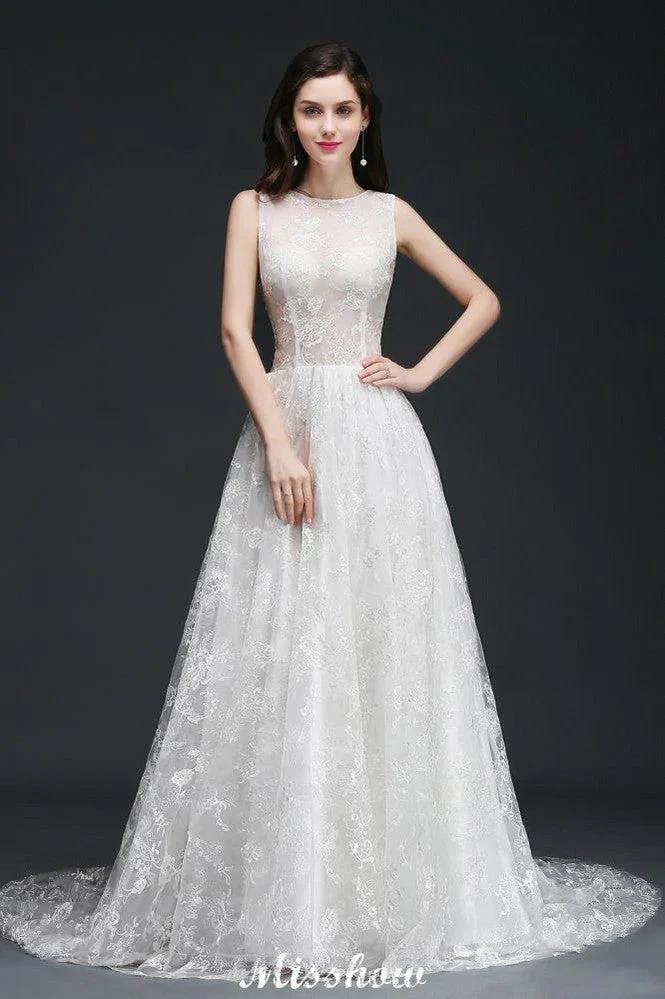 A-line Jewel Court Train Lace Simple Wedding Dresses with Buttons by misshow.com