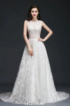 A-line Jewel Court Train Lace Simple Wedding Dresses with Buttons by misshow.com