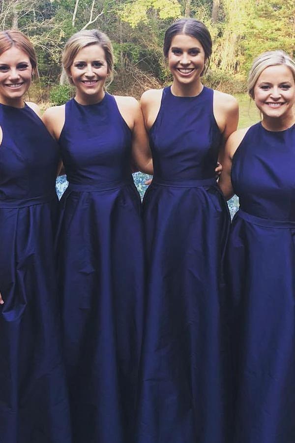 A-Line Jewel Floor-Length Navy Blue Sleeveless Satin Bridesmaid Dress BD054 by pgmdress