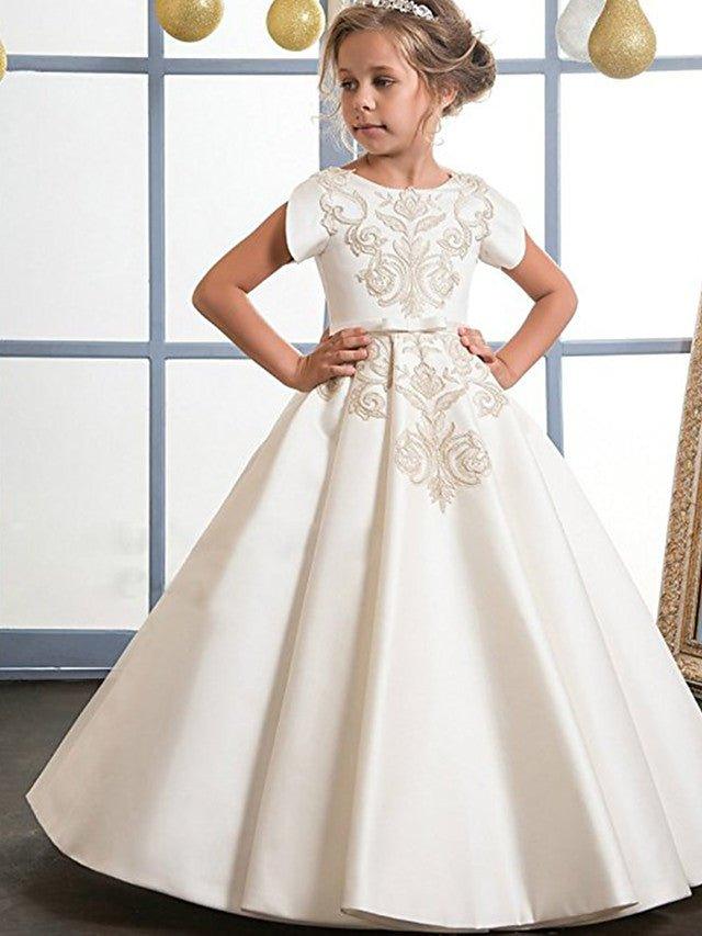 A-Line Jewel Neck Satin Wedding Birthday Pageant Flower Girl Dresses - photo 1