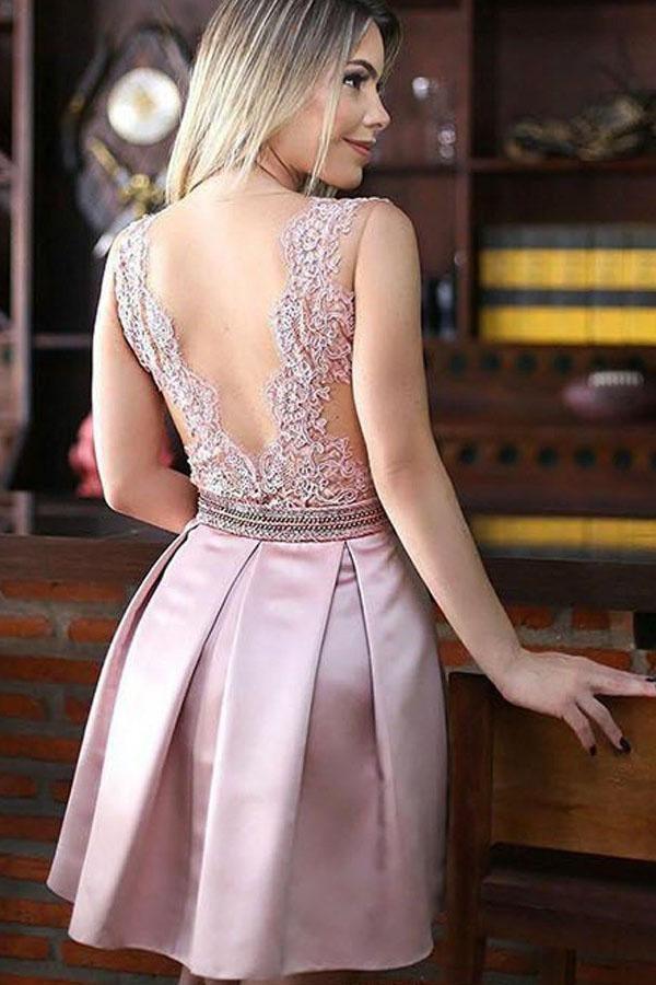 Vestido de fiesta corto de satén rosa joya con corte en A y apliques de cuentas PG155