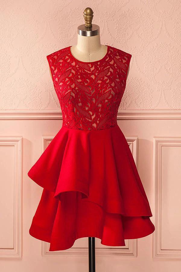 A-Line Jewel Short Red Satin Homecoming Dress with Lace Ruffles PG117 by pgmdress