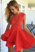 A-Line Jewel Short Red Satin Homecoming Dress with Lace Ruffles PG117 by pgmdress