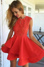 A-Line Jewel Short Red Satin Homecoming Dress with Lace Ruffles PG117 by pgmdress