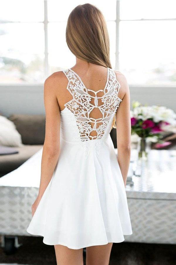 A-Line Jewel Short White Satin Homecoming Dress with Lace PG159 by pgmdress