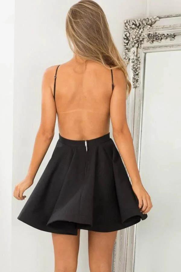 A-Line Jewel Sleeveless Backless Short Black Satin Homecoming Dress PD012 by pgmdress