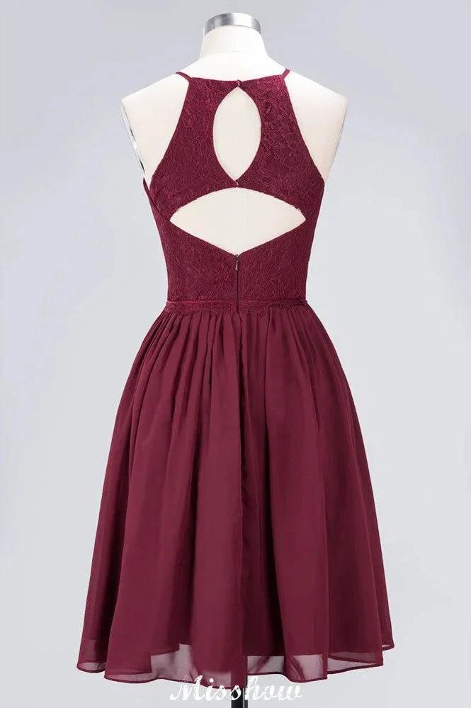 A-line Jewel Sleeveless Knee-Length Bridesmaid Dresses with Ruffle Chiffon Lace Party Dress by misshow.com