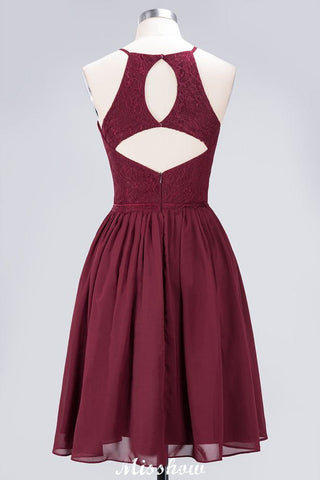 A-line Jewel Sleeveless Knee-Length Bridesmaid Dresses with Ruffle Chiffon Lace Party Dress
