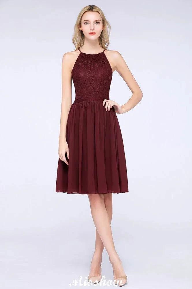 A-line Jewel Sleeveless Knee-Length Bridesmaid Dresses with Ruffle Chiffon Lace Party Dress by misshow.com