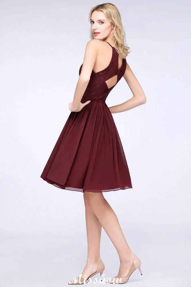 A-line Jewel Sleeveless Knee-Length Bridesmaid Dresses with Ruffle Chiffon Lace Party Dress by misshow.com