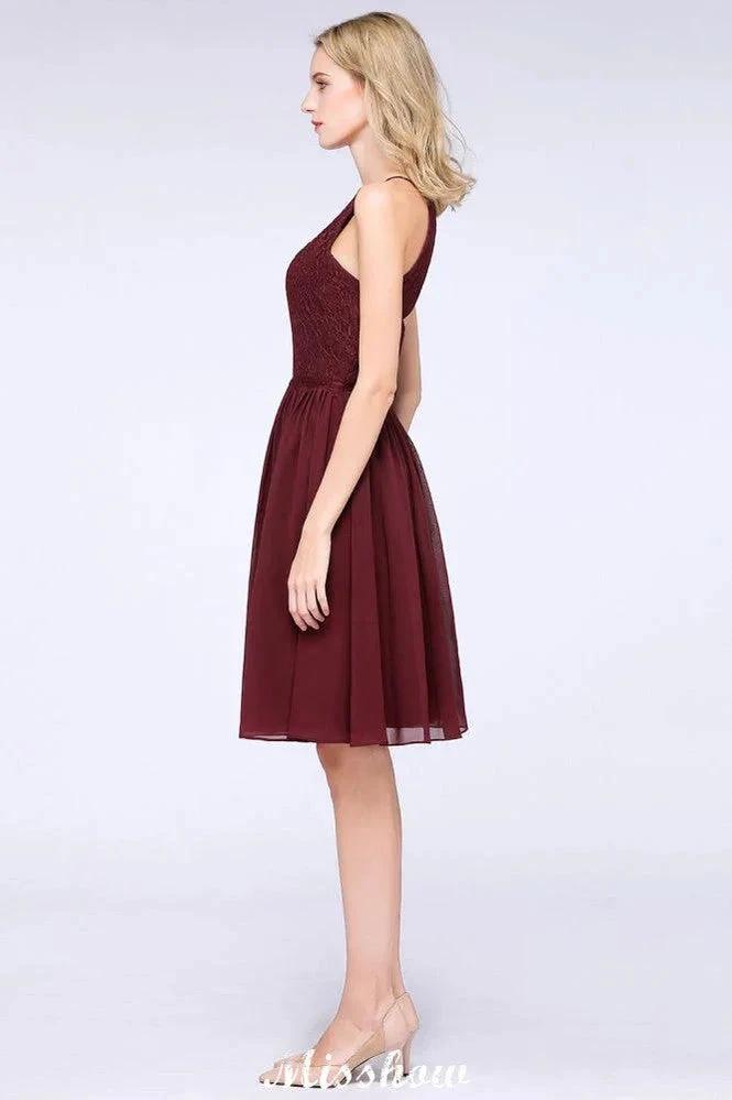 A-line Jewel Sleeveless Knee-Length Bridesmaid Dresses with Ruffle Chiffon Lace Party Dress by misshow.com